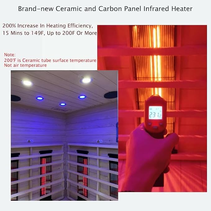 Ceramic Infrared Sauna 2-3 Person Infrared Saunas for Home Low EMF Indoor Home Sauna Spa Hemlock Wooden Corner Sauna Room with Bluetooth Speakers, LED Reading Lamps, Chromotherapy Lights