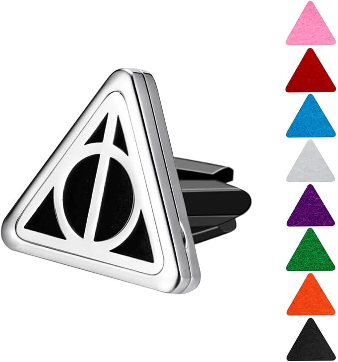 Wild Essentials Potter Hallows Essential Oil Car Vent Diffuser Kit – 316L Stainless Steel Locket, Rubber-Coated 4-Way Clip, 8 Color Pads (22mm), 25mm – Includes Alert & Inner Calm (2 x 10ml)