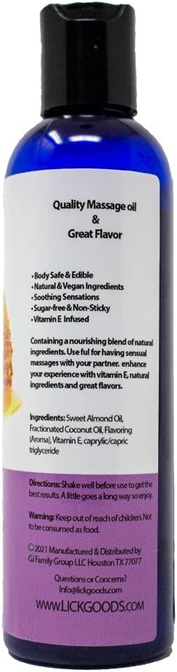 Lick Honey Flavored Massage Oil – Warm Sweet Edible Massage Oil with Sweet Almond Oil & Vitamin E, Smooth Body-Safe Glide for Couples Massage & Relaxation, 4 oz