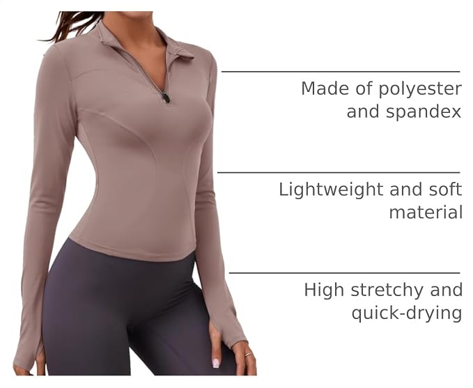 LOMON Womens Long Sleeve Workout Tops Quick Dry Quarter Zip Pullover Crop Yoga Athletic Slim Fit Shirts