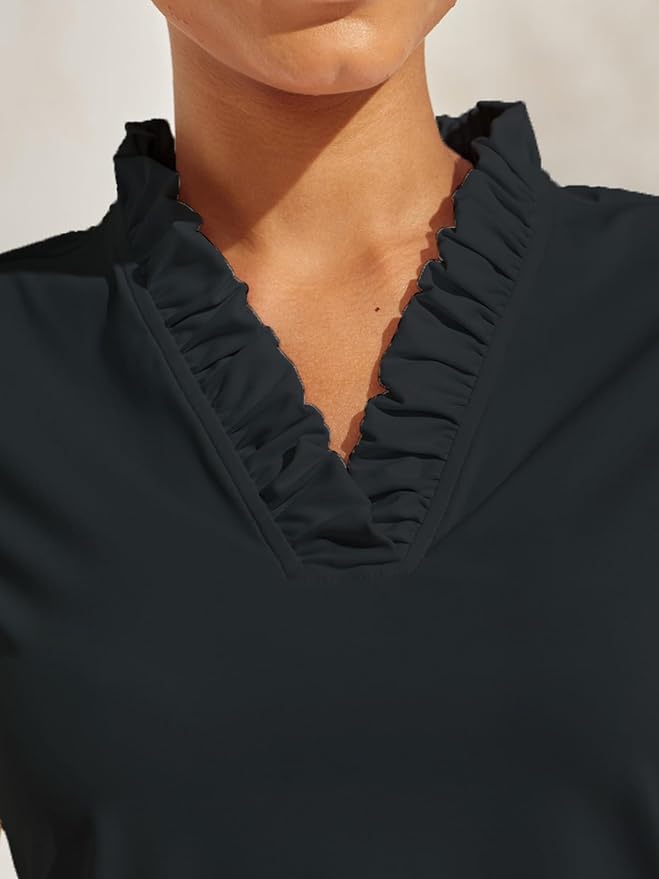 ACEGOLFS Womens Golf Polo Shirts Casual Ruffle V Neck Long Sleeve Tops for Women UPF 50+ Rash Guard Ladies Pullover Shirt