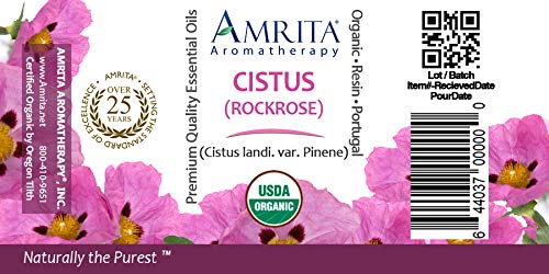 Amrita Aromatherapy Organic Cistus Rockrose Essential Oil, 100% Pure Undiluted Cistis Landi, VAR. pinene, Therapeutic Grade, Premium Quality Aromatherapy Oil, Tested & Verified, 3ML