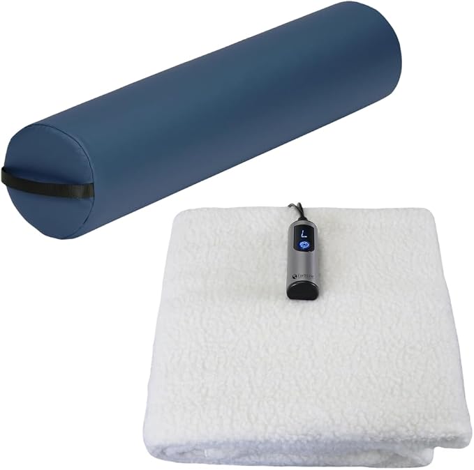 EARTHLITE Professional Massage Therapy Bundle: (1) 2-in-1 Fleece Table Warmer (30” x 72”) & (1) Full Round Massage Bolster Pillow (Black)