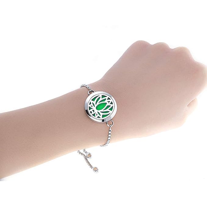 Essential Oil Diffuser Bracelets for Women Aromatherapy Lotus Locket Bracelet Adjustable Jewelry with 8 Color Refill Pads Birthday Gifts for Mom Teen Girl