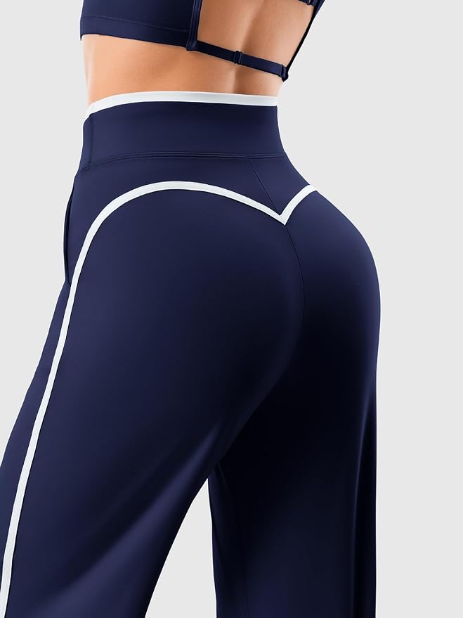 Women's Wide Leg Yoga Pants with Side Stripe, High Waisted Color Block String Lounge Pants, Workout Flowy Track Pants with Pockets