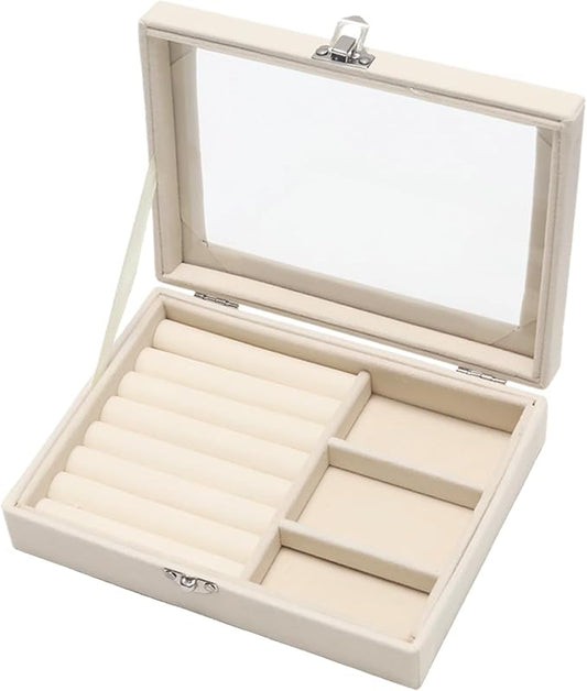Small Velvet Jewelry Tray with Clear Lid, 2-in-1 Beige | Lockable Ring Earring Holder Organizer Storage Box Case Jewelry Box Organizer for Rings Earrings Bracelets Brooches