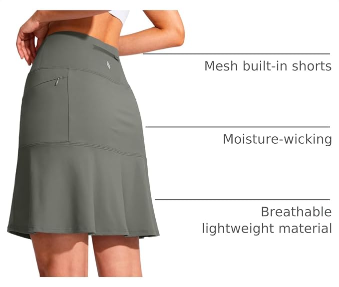 19" Ruffled Golf Skirts for Women | 3 Zipper Pockets, Knee Length, High Waisted, Long Skorts for Athletic, Casual, Tennis, Pickleball