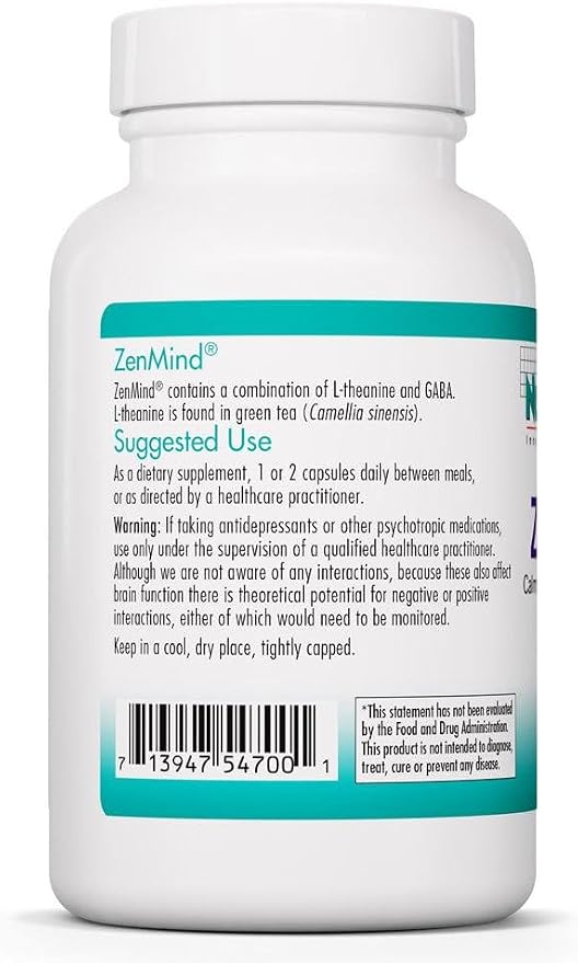 Nutricology ZenMind - 550 mg GABA & 200 mg L-Theanine - Calmness & Relaxation Support Day or Night - Non-Drowsy Formula - Vegetarian Capsules - 60 Servings - 120 Capsules