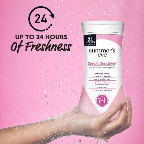 Summer's Eve Simply Sensitive Feminine Cleansing Wash, Sensitive Skin Daily Intimate Wash, Removes Odor, pH Balanced, Hypoallergenic, 9 Ounce (Pack of 1)