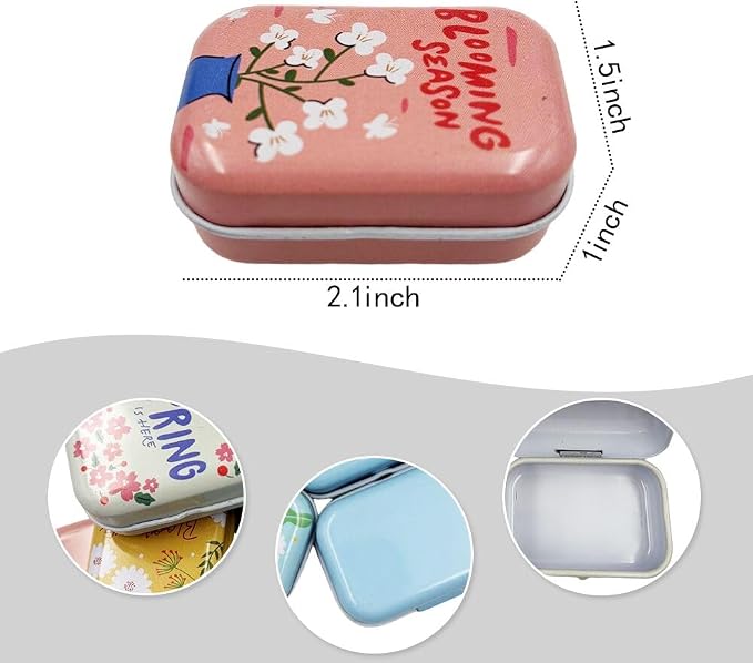 8Pcs Metal Hinged Tin Box Container Floral Farmhouse Rustic Mini Portable Small Storage Container Kit with Lid for Home Storage 2.1x1.5x1 Inch (Pink)