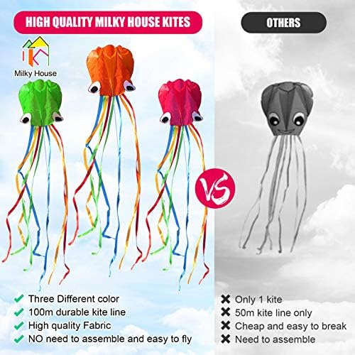 3 Pack Octopus Kite - 3D Beach Kites for People & Kids (Blue, Green, Red) - Easy to Fly, Kite Kit with 100M String