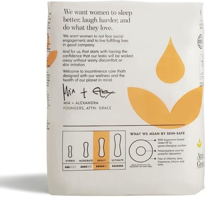 Attn: Grace Heavy Incontinence Pads for Women, 2-Pack (56 Pads Total / 28 per Pack) - Plant-Based, High Absorbency, Breathable - Incontinence Pads for Heavy Bladder Leaks & Sensitive Skin