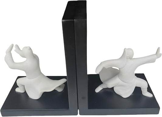 Modern Tai Chi Yin Yang Decorative Bookends - Heavy Duty Resin Bookend Set with Sandstone Texture, Anti-Slip Felt Base, Black & White Minimalist Design for Living Room Office Decor (13x10x17cm)