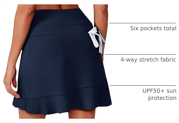 PINSPARK 18" Golf Skorts for Women with 6 Pockets Ruffle Athletic Skort | Above the Knee,High Waist,UPF 50+,4-way Stretch,Lightweight,Ruffle Hem,Tennis,Casual,Work,Pickleball