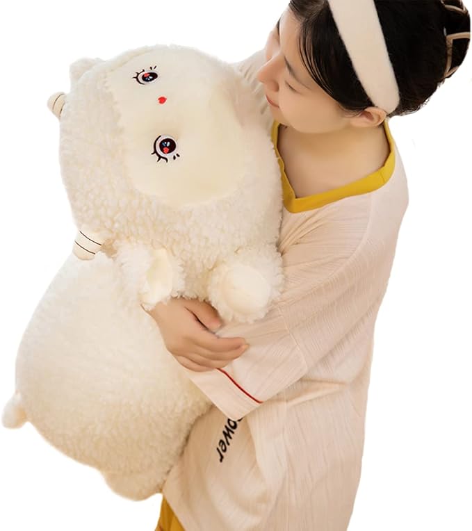 ELAINREN Cuddly Cream Lamb Plushies Dolls Ultra-Soft Big White Sheep Stuffed Animals Pillow Fluffy Curly Sheep Plush Farm Toy Gifts/23.6''