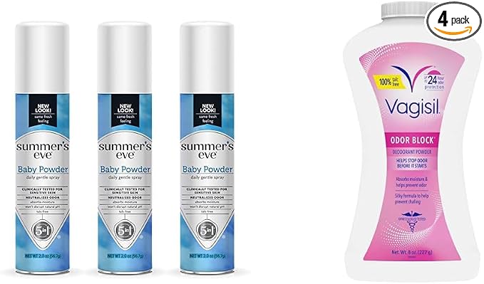 Summer's Eve Baby Powder Spray 3 Pack and Vagisil Odor Block Powder for Women, Helps Prevent Chafing, Talc-Free