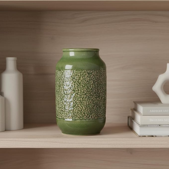 Modern Ceramic Vase for Flower, 9 Inch Minimalist Decorative Vases for Home Decor, Table Shelf, Console Cabinet, Mantle, Living Room, Bathroom, Bedroom, Office, Green