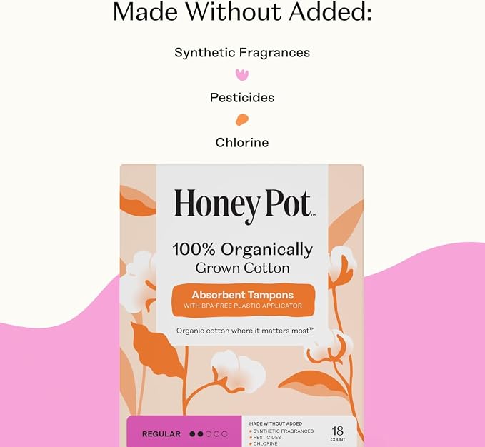 The Honey Pot Company - 100% Organic Cotton Tampons - Super Absorbency | Tampons w/BPA Free Plastic Applicator - Unscented - Without Fragrances or Chlorine - Feminine Care - 18ct