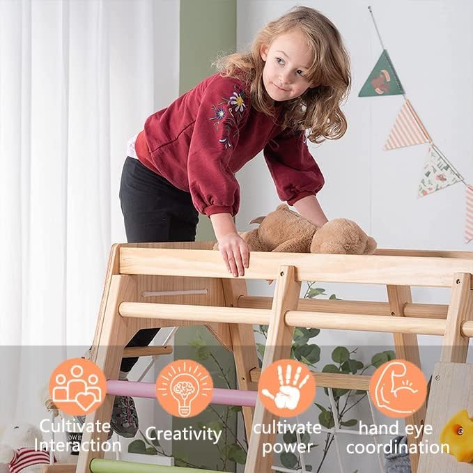 Avenlur Magnolia Indoor Playground 7-in-1 Jungle Gym Playset for Kids 2-6yrs - Slide, Climbing Wall, Rope Wall Climber, Monkey Bars, Swing - Waldorf and Montessori Style Wooden Climb Set. USA Company.