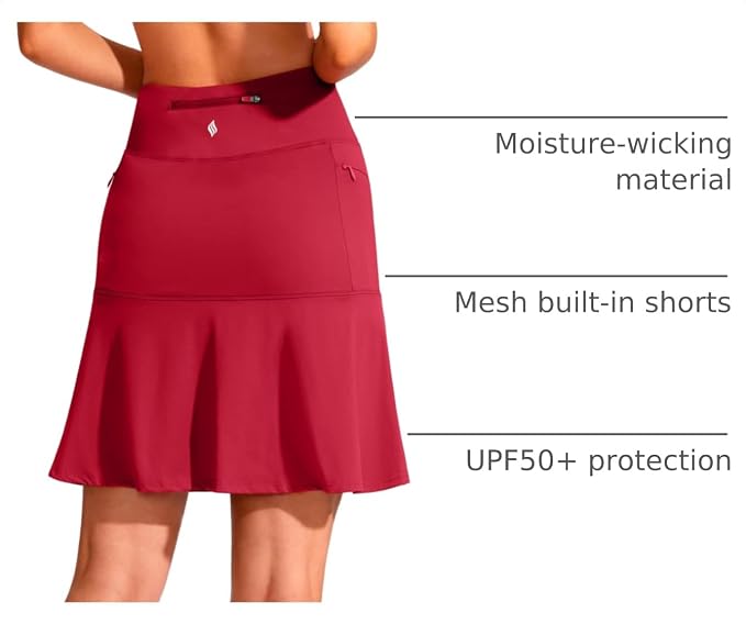 19" Ruffled Golf Skirts for Women | 3 Zipper Pockets, Knee Length, High Waisted, Long Skorts for Athletic, Casual, Tennis, Pickleball