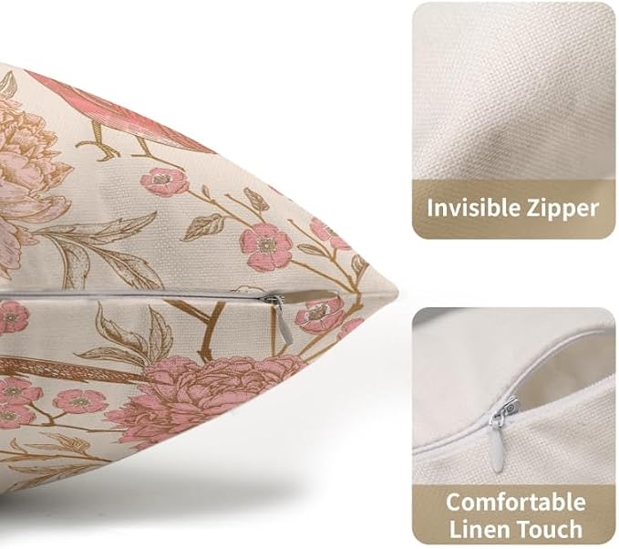 Flowers Birds Lumbar Pillow Covers 12X20 Inch Set of 2 Pink White Roses Floral Leaf Decorative Pillow Cases Art Retro Gold Cotton Linen Cushion Case Vintage Home Decor for Sofa Couch Porch Outdoor
