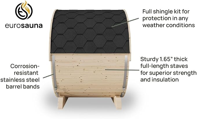 EuroSauna 2-Person Outdoor Barrel Sauna with Shingles, Lighting, & 6kW Harvia Sauna Heater, 81x59