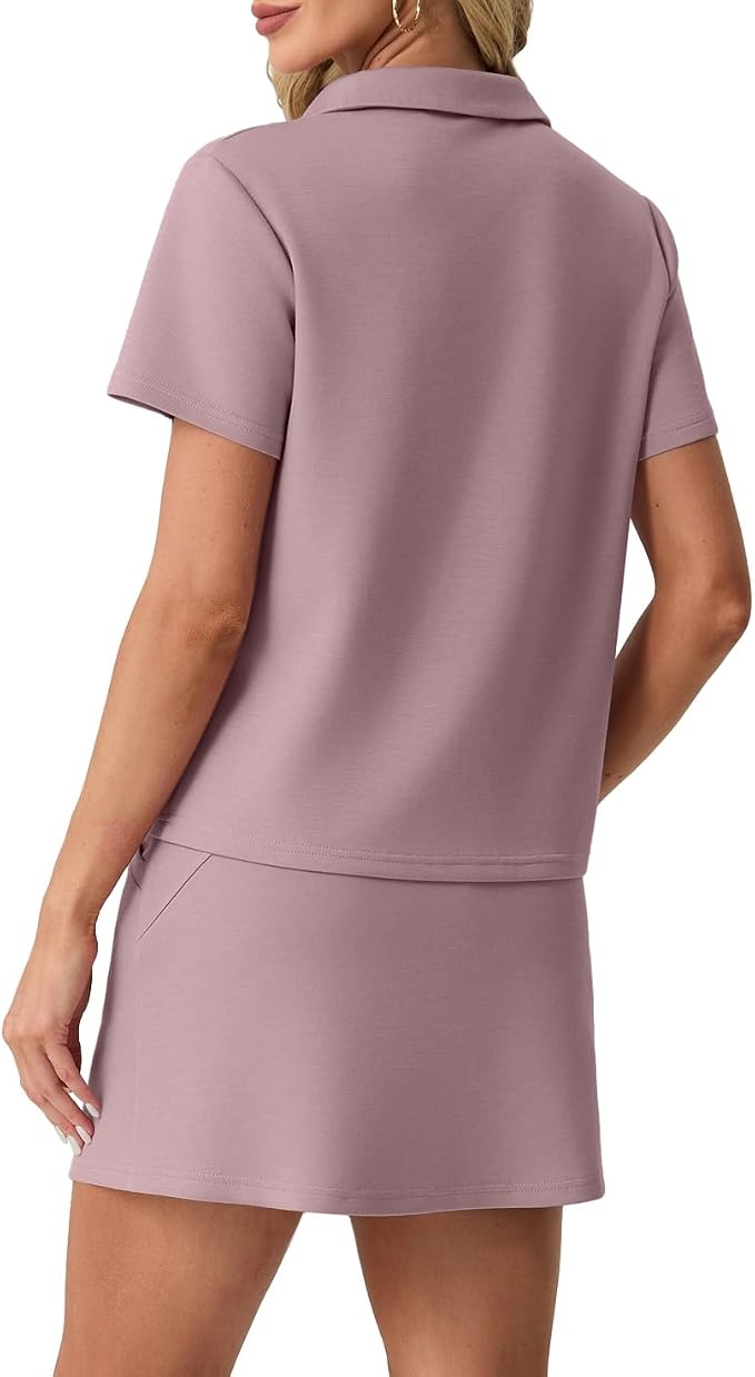 GRECERELLE Women's Summer 2 Piece Skort Set Half Zip Short Sleeve Top & Pocketed Tennis Skirt For Sports & Vacations.