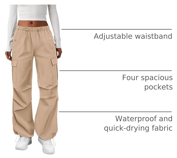 COPYLEAF Cargo Pants Women Elastic Waisted Parachute Hiking Pants with Pockets Water-Resistant Lightweight Baggy Pants