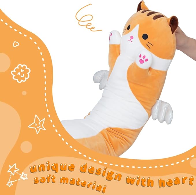 Long Plush Cat Pillow, Cute Plush Cat Toy Doll, Stuffed Animal Cat, Hugging Pillow for Sleeping, Gift for Kids and Girls (Yellow, 70cm/27.5in)