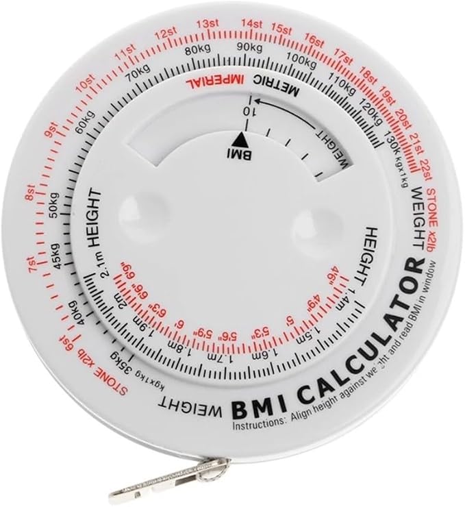 Body Mass Index Tape Measure, Retractable BMI Calculator for Diet and Fitness, 150cm Locking Measurement Tool for Waist, Hip, Thigh, Calf, Easy Read Scale, Plastic Case for Gym Use