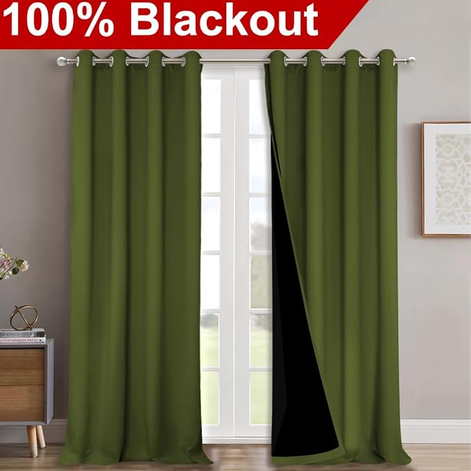 NICETOWN 100% Blackout Blinds, Set of 2, 46" x 102", Olive Green, Laundry Room Decor Window Treatment Curtains for Large Patio Sliding Door, Thermal Insulated Curtains for Bedroom