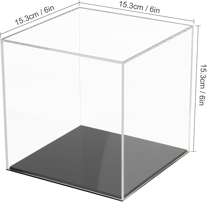 Fully Assembled Acrylic Display Case with Black Base, Clear Cube Dustproof Acrylic Display Box for Collectibles, Alternative Glass Case with Black Stand for Display, 6x6x6Inch