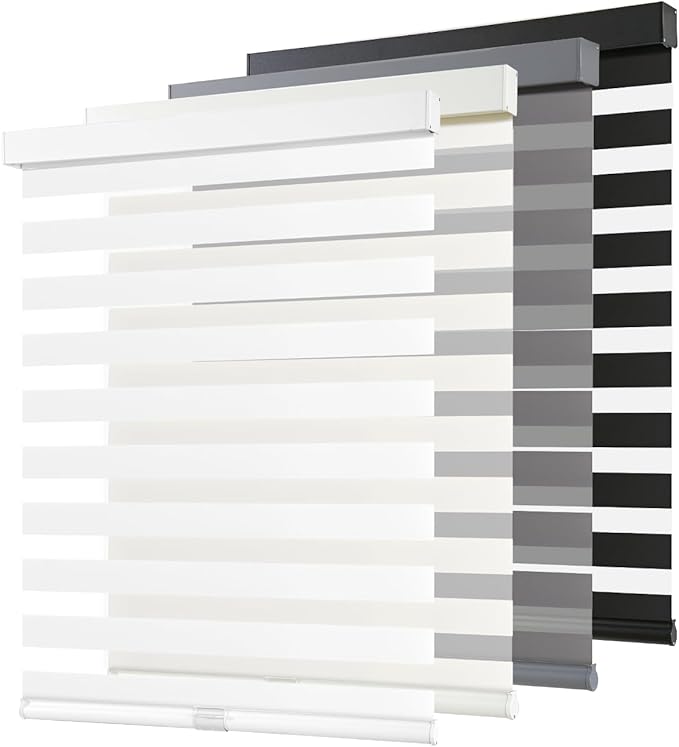 AOSKY Cordless Zebra Blinds for Windows Pull Down Roller Window Shades Dual Layer Light Filtering Privacy for Day and Night, Free-Stop Door Shades for Home Easy to Install (28" W X 72" H, White)