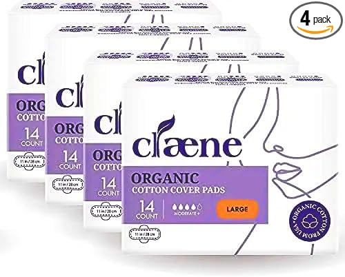 Claene Organic Cotton Cover Pads, Menstrual Large Pads for women, Unscented, Breathable, Natural Sanitary Napkins with Wings (4Pack, Total 56)