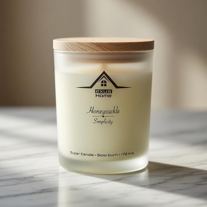 Exus Hand Crafted, Soy Wax, Wood Wick, Aromatic Candle. Non-Toxic (Honeysuckle/Simplicity)