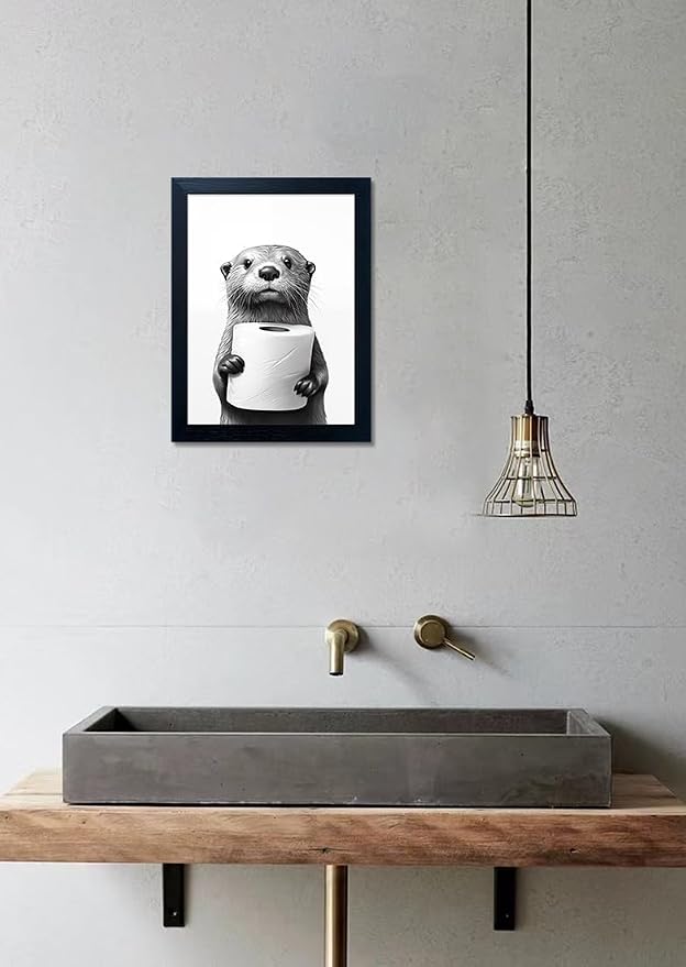 Framed Animal Bathroom Wall Art, Funny Bathroom Wall Decor, Toilet Paper in Raccoon's Hand, Black and White Canvas Print Picture Artwork for Hme