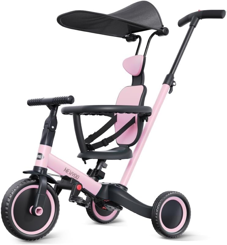 newyoo Tricycle for Toddlers 1-3, Toddler Tricycle with Push Handle and Canopy, Toddler Bike, Birthday Gift and Toys for Girl and Boy, 6 in 1 Baby Trike, Balance Bike, TR009, Pink