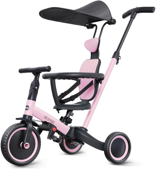 newyoo Tricycle for Toddlers 1-3, Toddler Tricycle with Push Handle and Canopy, Toddler Bike, Birthday Gift and Toys for Girl and Boy, 6 in 1 Baby Trike, Balance Bike, TR009, Pink