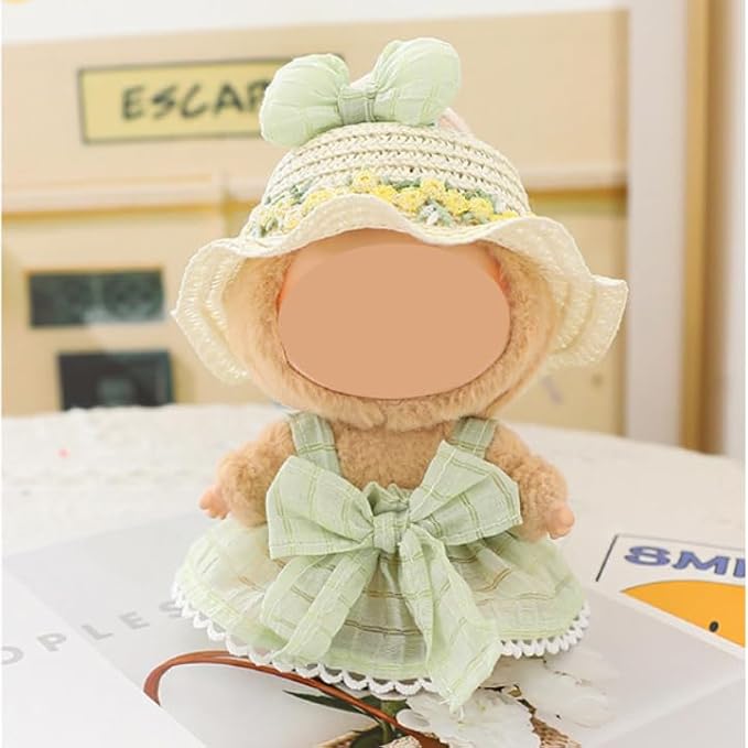 17 cm Doll Summer Outfit – Dress with Straw Hat & Matching Hair Clip – Clothes & Accessories for 6.7″ Dolls (Doll Not Included) (Green)