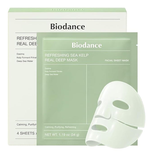 BIODANCE Refreshing Sea kelp Real Deep Mask, Overnight Hydrogel Mask, Calming, Oil & Sebum Control, Blemish Care, Korean Skin Care, Valentines Day Gifts for Her | 1.19oz(34g) x 4ea