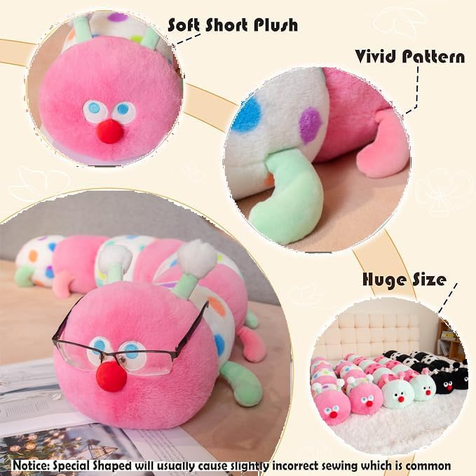 ELAINREN Pink Caterpillar with Polka Dots Plush Long Pillow Ultra-Soft Rainbow Caterpillar Stuffed Insect Toy Cuddly Colorful Worm Plushie Gifts/35.4''