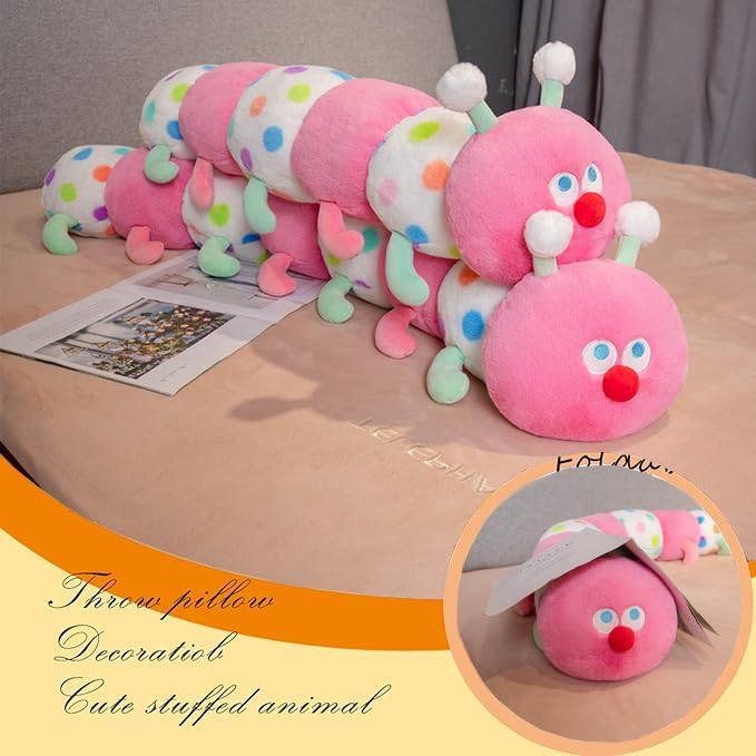ELAINREN Pink Caterpillar with Polka Dots Plush Long Pillow Ultra-Soft Rainbow Caterpillar Stuffed Insect Toy Cuddly Colorful Worm Plushie Gifts/35.4''