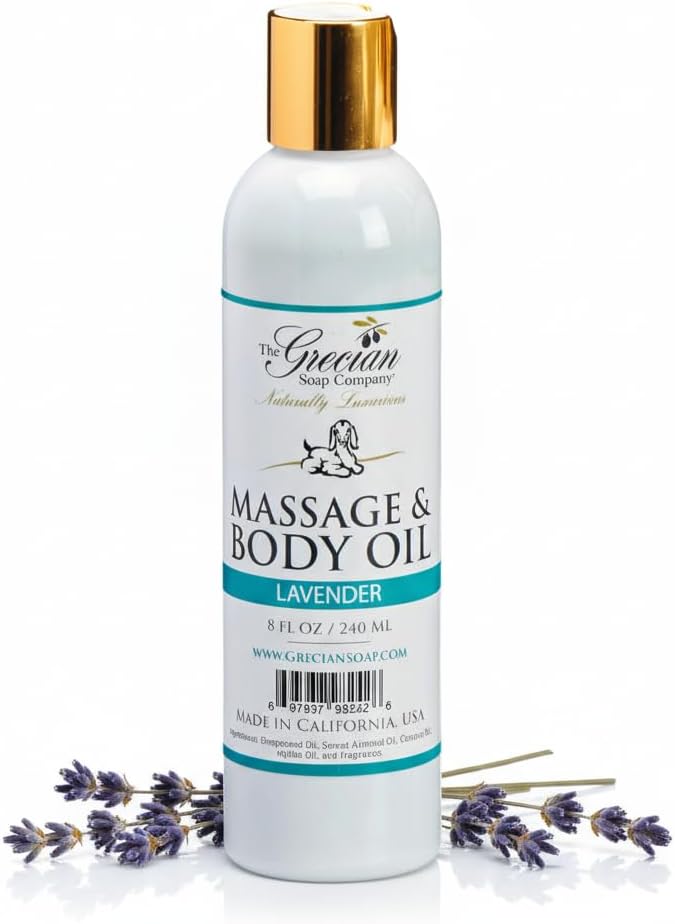 The Grecian Soap Company Massage & Body Oil – Lavender Scented Moisturizing Oil for Massage, Dry Skin, or Spa Use, 8 oz