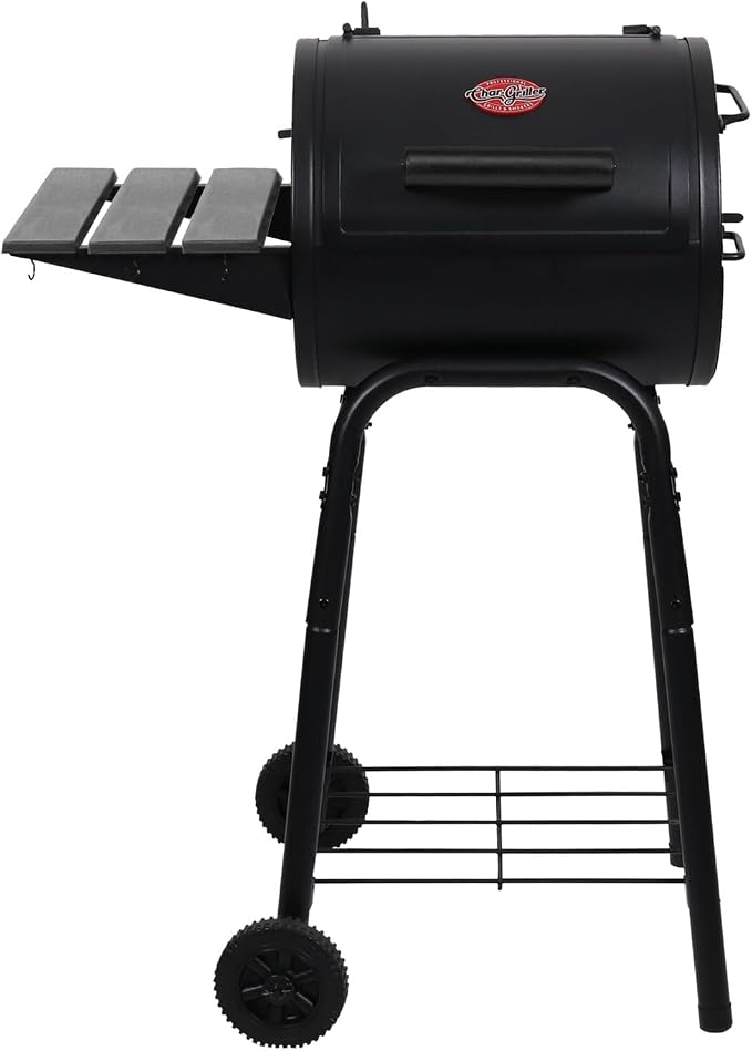 Char-Griller® Patio Pro Charcoal Grill and Smoker with Cast Iron Grates, Premium Metal Shelf and Damper Control, 250 Cooking Square Inches in Black, Model 1616