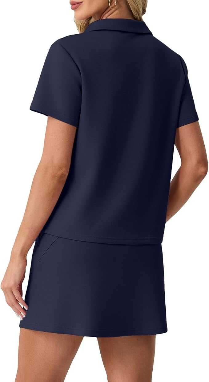GRECERELLE Women's Summer 2 Piece Skort Set Half Zip Short Sleeve Top & Pocketed Tennis Skirt For Sports & Vacations.