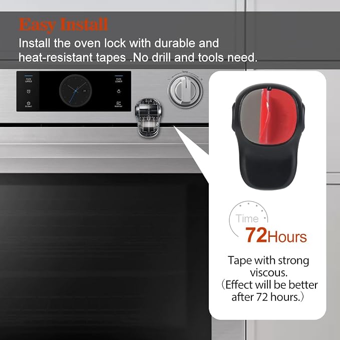 EUDEMON Child Safety Heat-Resistant Oven Door Lock, Oven Front Lock for Kids Easy to Install, Use Adhesive,No Screws or Drill (1 Pack,Clear-Black)(ONLY for Flat Surface)