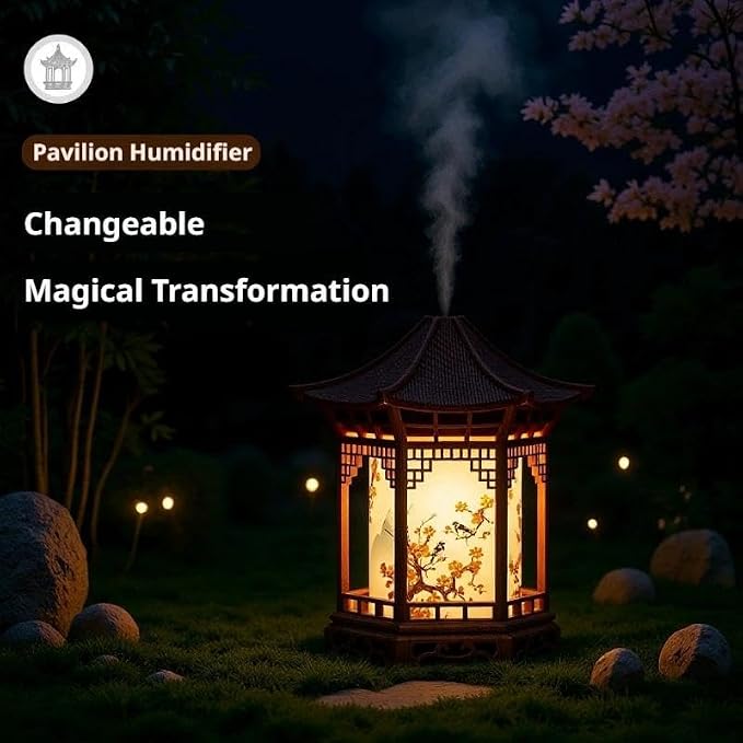 Zen Pavilion Lantern Aroma Diffuser & Night Light,2-in-1 160ml Essential Oil Diffuser with 2 Mist Modes,Zen Garden Humidifier Chinese-Style Decorative Night Light for Yoga, Meditation (Brown)