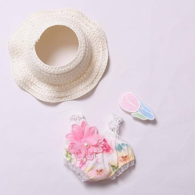 Designer Clothes Set for 17cm Dolls, Labooboo Doll Swimsuit, Doll Summer Outfits Accessories with Pink Floral One-Piece Swimsuit, Flower Hair Decor and Straw Hat