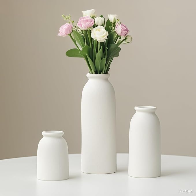 Ceramic Vase Set-3, Small Flower Vases for Decor, Modern Boho Farmhouse Style, Decorative Vases for Pampas Grass & Dried Flowers, Distressed Finish (White)