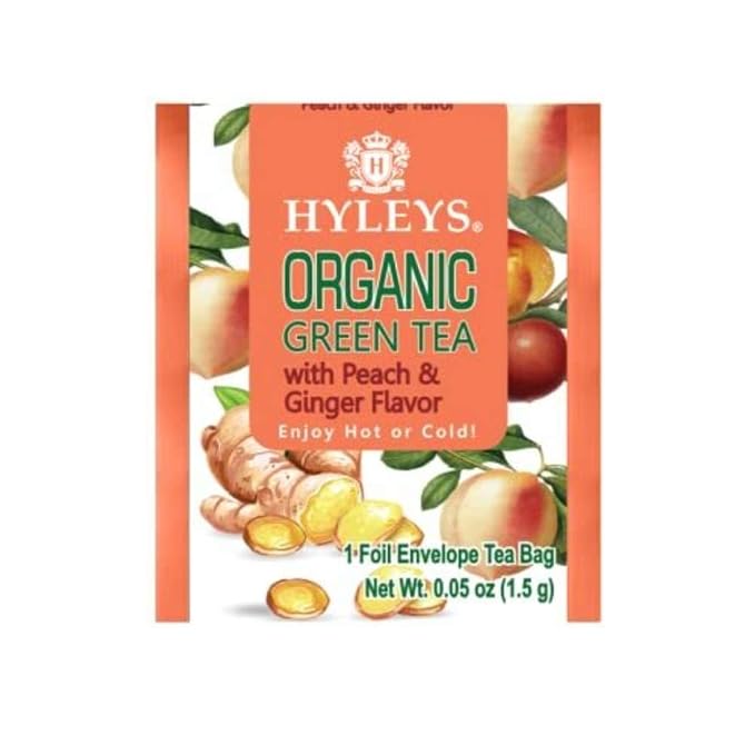 HYLEYS Organic Green Tea, Peach and Ginger Flavor - 25 Individually Wrapped Tea Bags - USDA Organic - Kosher & Vegan